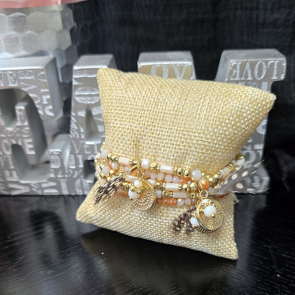 Gold and Cream Beaded Bracelet Set